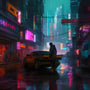 A person standing by a car in a neon-lit futuristic city street at night, showcasing a scene perfect for Paint by Numbers Diamond Painting