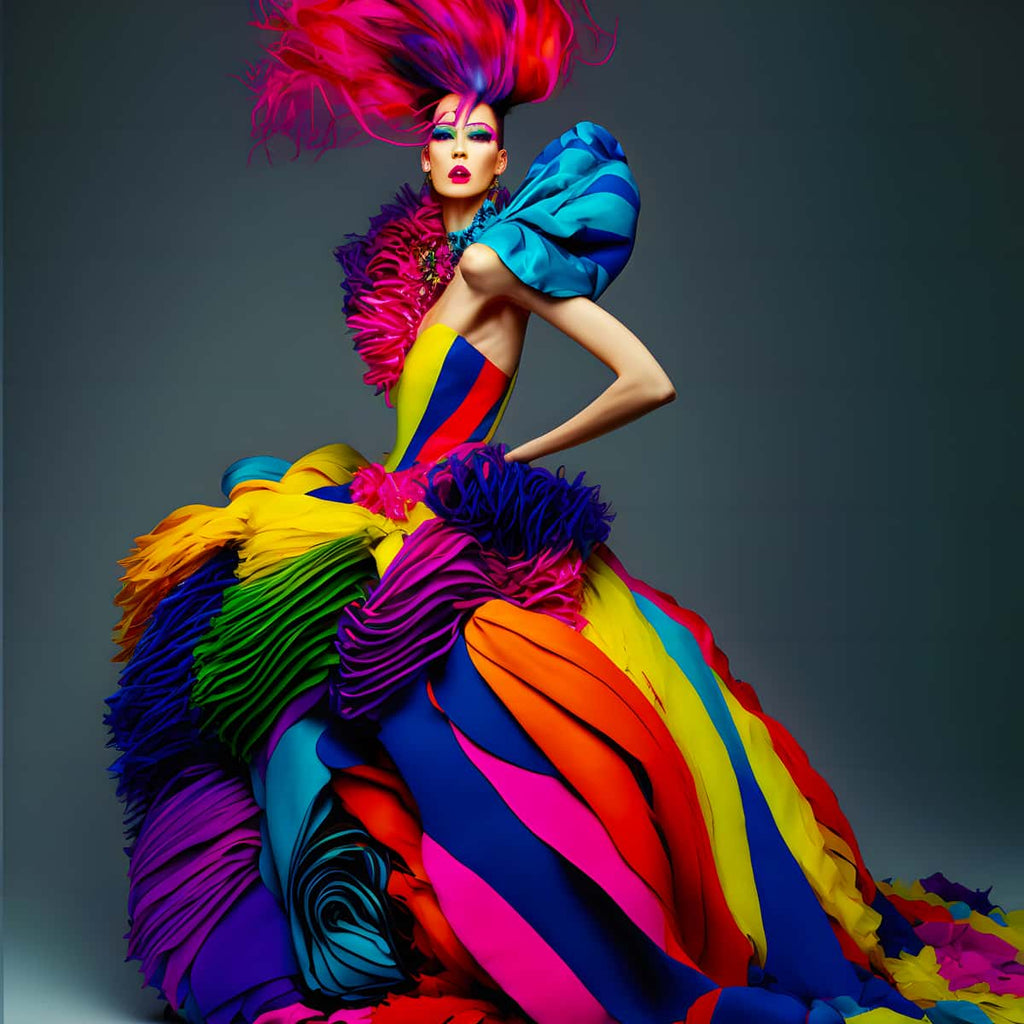 Woman in vibrant, multicolored dress with dramatic ruffles and matching vivid hairstyle in a Diamond Painting "Paint by Numbers" kit design.