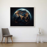 Paint by Numbers - Erleuchteter Planet framed artwork on a minimalistic wall, depicting illuminated continents on Earth at night.