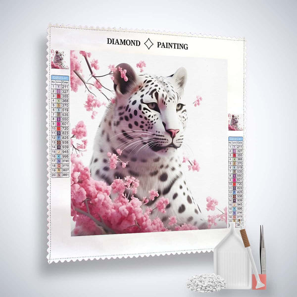 Diamond Painting Kit - Schneeleopard mit Rosenblüten, Paint by Numbers Canvas with Tools