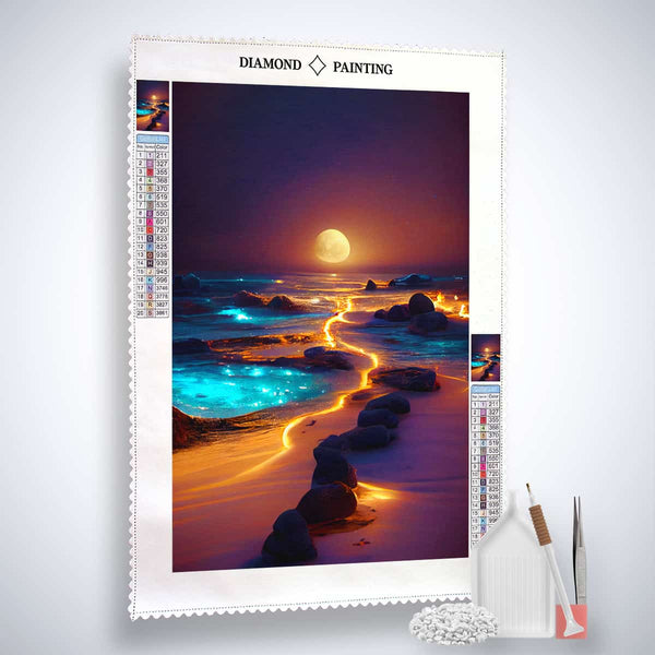 AB Diamond Painting kit featuring a luminous light path on the beach at night, complete with acrylic diamonds, tweezers, and application pen.