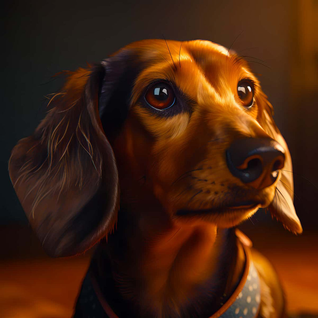 Diamond painting of a dachshund in the golden hour created with paint by numbers technique, featuring enhanced acrylic diamonds