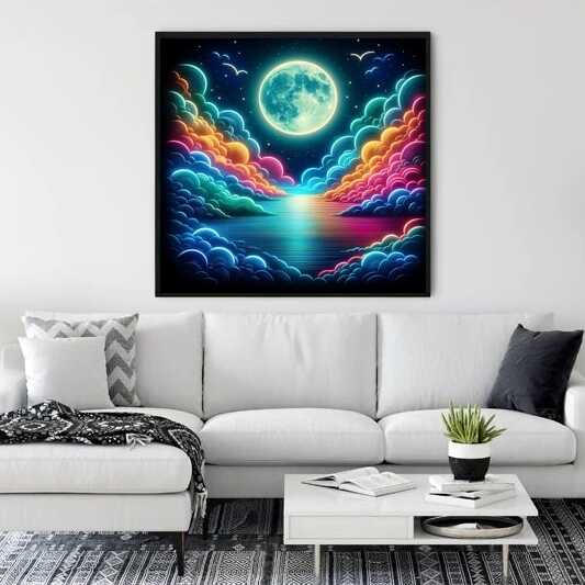 Paint by Numbers - Moon Magic Over the Sea of Neon artwork displayed above a modern white couch in a stylish living room.