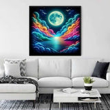 Paint by Numbers - Moon Magic Over the Sea of Neon artwork displayed above a modern white couch in a stylish living room.