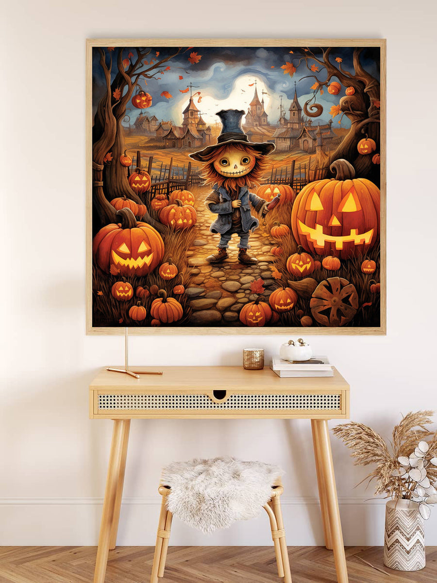 Halloween-themed Paint by Numbers artwork featuring a magical pumpkin scene with a scarecrow, jack-o'-lanterns, and autumn decor.