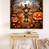 Halloween-themed Paint by Numbers artwork featuring a magical pumpkin scene with a scarecrow, jack-o'-lanterns, and autumn decor.