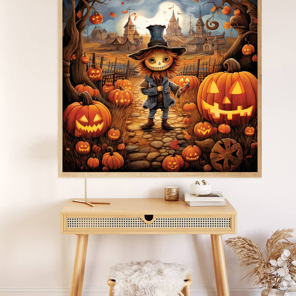 Halloween-themed Paint by Numbers artwork featuring a magical pumpkin scene with a scarecrow, jack-o'-lanterns, and autumn decor.