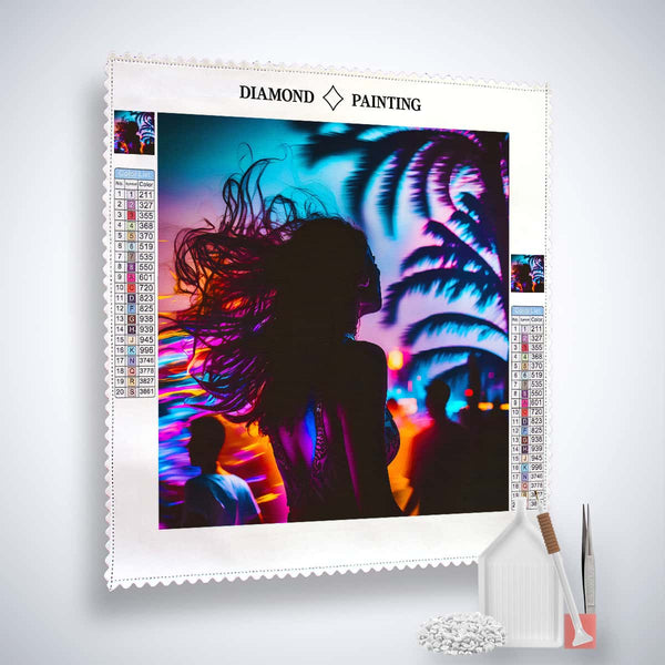 AB Diamond Painting - Beach Party at Night kit, featuring a colorful tropical night scene with palm trees and silhouettes of people. Paint by Numbers.