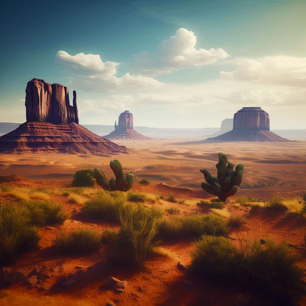 Monument Valley desert landscape with tall rock formations, cacti, and sandy terrain under a partly cloudy sky
