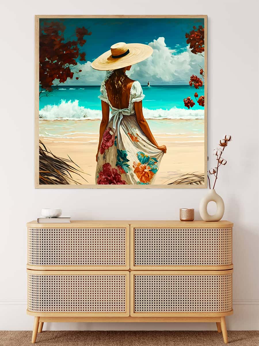 Malen nach Zahlen - Frau mit Hut am Strand - hochwertige Leinwand - 170523, Meer, Menschen, Neu eingetroffen, Quadratisch, Strand