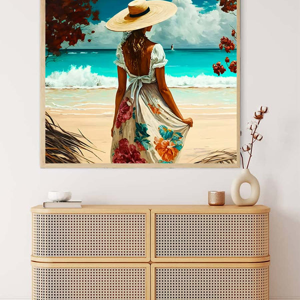 Diamond Painting - Frau mit Hut am Strand - gedruckt in Ultra-HD - Meer, Menschen, Neu eingetroffen, Quadratisch, Strand