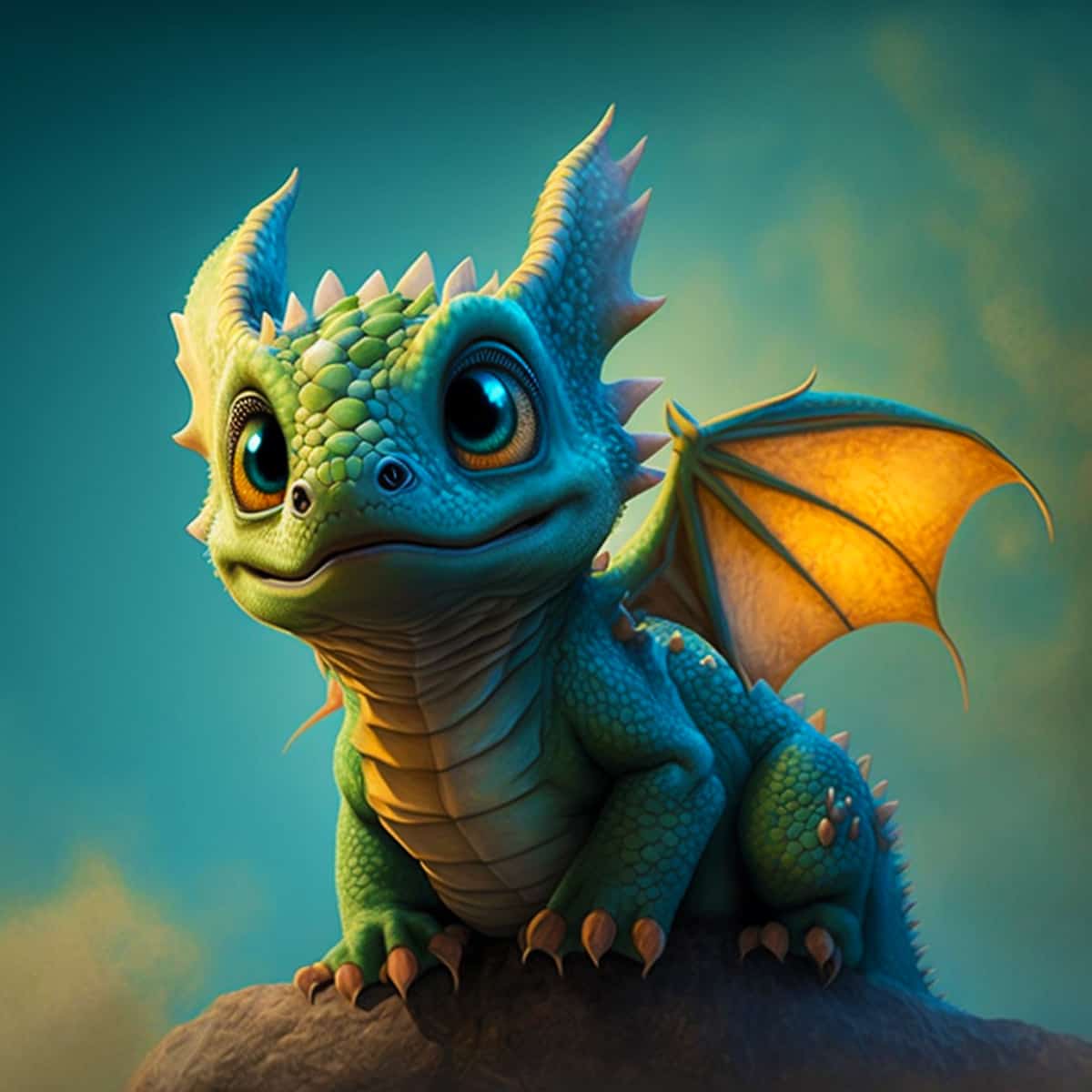 Cute baby dragon with blue-green scales and glowing orange wings sitting on a rock.