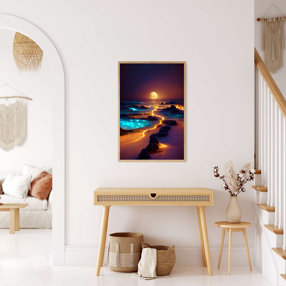 AB Diamond Painting - Light path on the beach displayed in modern living room, paint by numbers art kit