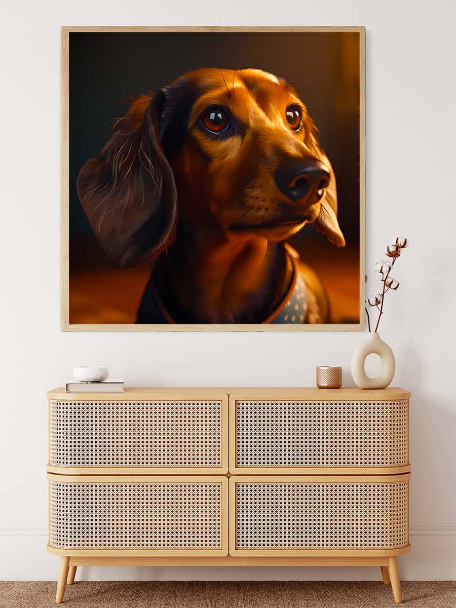 Diamond Painting of a Dachshund in the golden hour displayed above a modern wooden dresser. Paint by Numbers kit included.