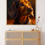 Diamond Painting of a Dachshund in the golden hour displayed above a modern wooden dresser. Paint by Numbers kit included.