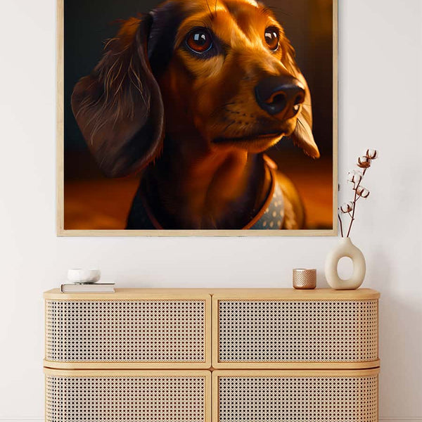 Diamond Painting of a Dachshund in the golden hour displayed above a modern wooden dresser. Paint by Numbers kit included.