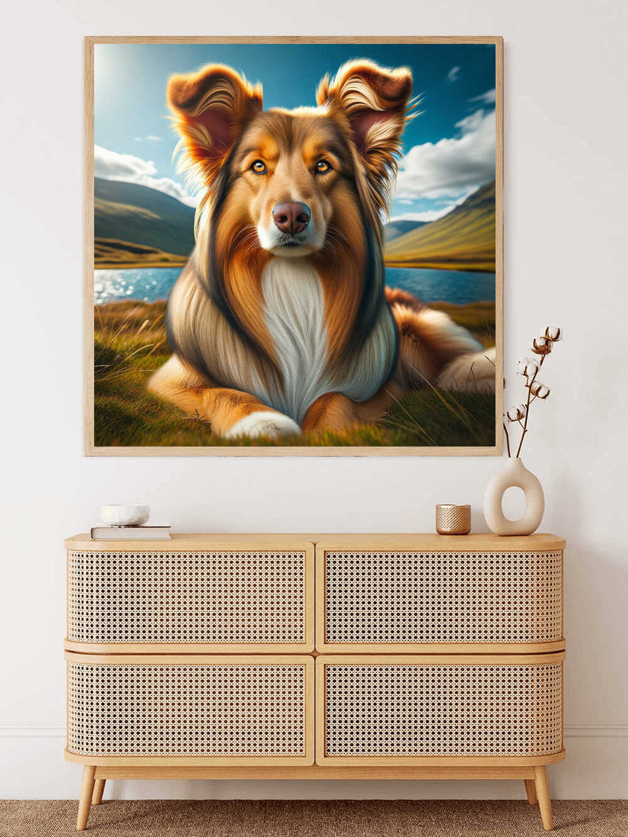 Paint by Numbers - Majestic dog in idyllic landscape painting, featuring golden and green tones, evoking a sense of natural harmony and calm strength.