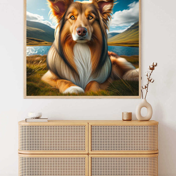 Paint by Numbers - Majestic dog in idyllic landscape painting, featuring golden and green tones, evoking a sense of natural harmony and calm strength.