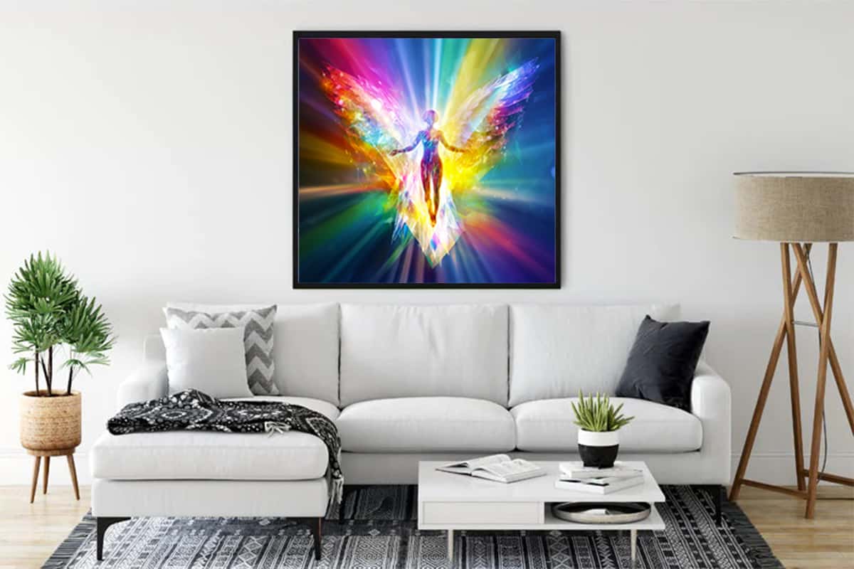 Diamond Painting - Colorful Angel on canvas displayed in living room, Paint by Numbers art sparkles, vibrant rainbow wings wall decor