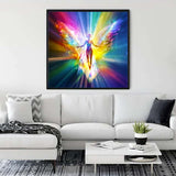 Diamond Painting - Colorful Angel on canvas displayed in living room, Paint by Numbers art sparkles, vibrant rainbow wings wall decor