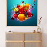 Diamond Painting of a vibrant fruit cocktail with blue background on a wall above a light wooden dresser