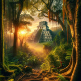 Paint by Numbers Maya Temple kit featuring a sunlit ancient temple amidst lush, dense forest foliage.