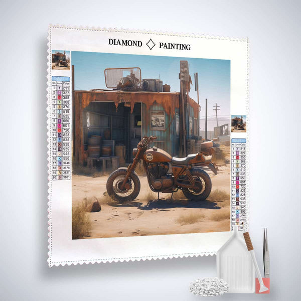 Diamond Painting - Offroad Explorer. Paint by Numbers Kit featuring a motorcycle near an old building with application tools included.