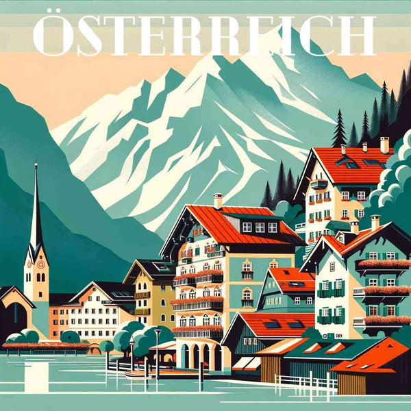 Paint by Numbers - Alpiner Zauber featuring a charming Austrian village with vibrant buildings, church tower, and majestic snow-capped mountains.