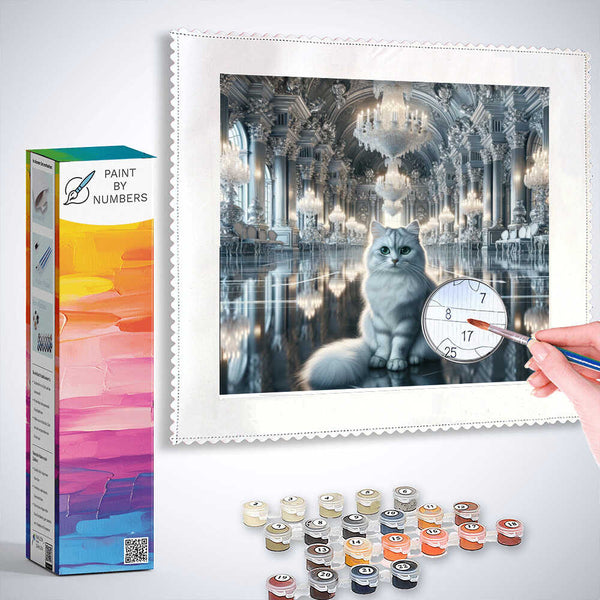Paint by Numbers kit showing a majestic cat in a ballroom, surrounded by chandeliers, with paint pots and a hand holding a brush.