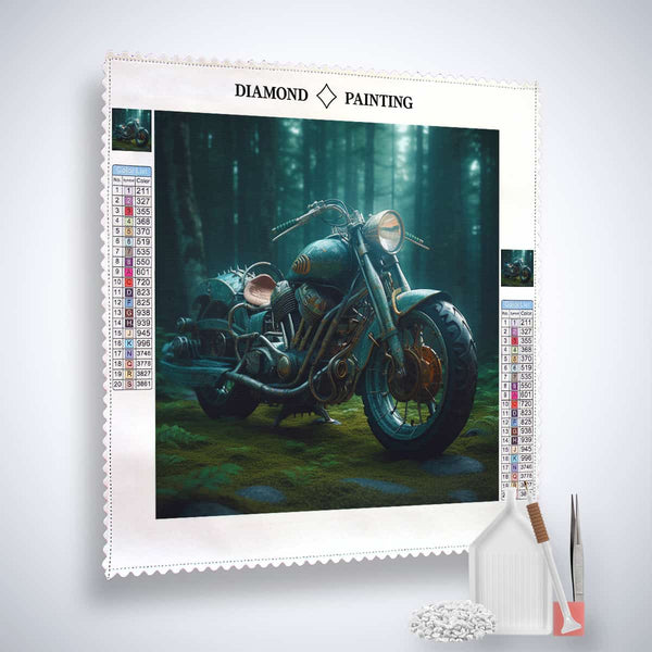 Diamond painting kit with motorcycle design, including canvas, acrylic diamonds, tweezers, and application pen. Paint by Numbers set.