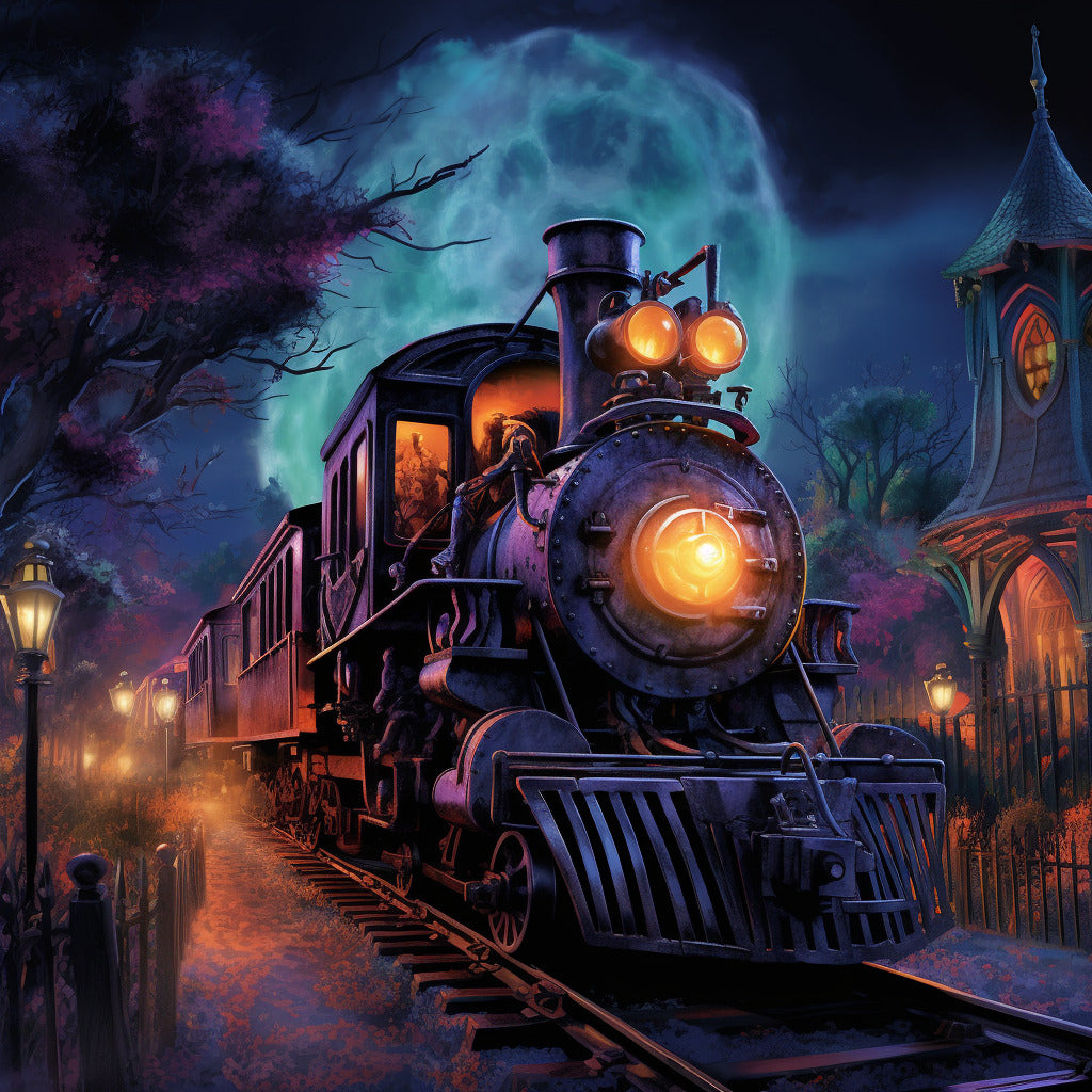 Spooky ghost train at night with glowing lights, part of Paint by Numbers collection, eerie scene with haunted house and mystical atmosphere.
