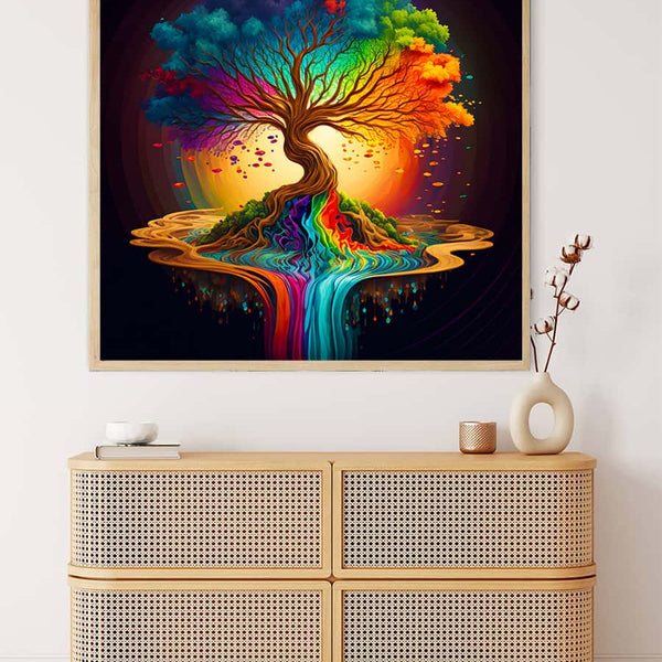 AB Diamond Painting - Color Flow Tree hanging above a modern dresser. Paint by Numbers kit with vibrant tree design and colorful flow.