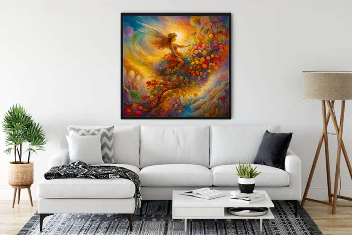 Diamond Painting of Whispering Brooks displayed in a modern living room, featuring vibrant colors amidst a cozy white couch and décor.