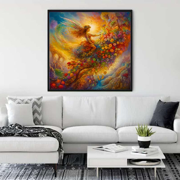 Diamond Painting of Whispering Brooks displayed in a modern living room, featuring vibrant colors amidst a cozy white couch and décor.