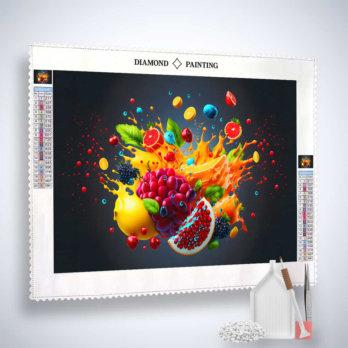 AB Diamond Painting kit with colorful fruit explosion design on professional canvas, enhanced acrylic diamonds, tweezers, and application pen