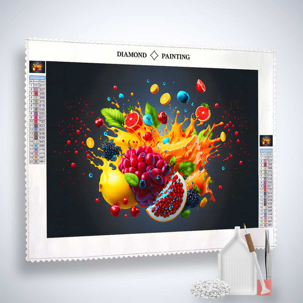 AB Diamond Painting kit with colorful fruit explosion design on professional canvas, enhanced acrylic diamonds, tweezers, and application pen
