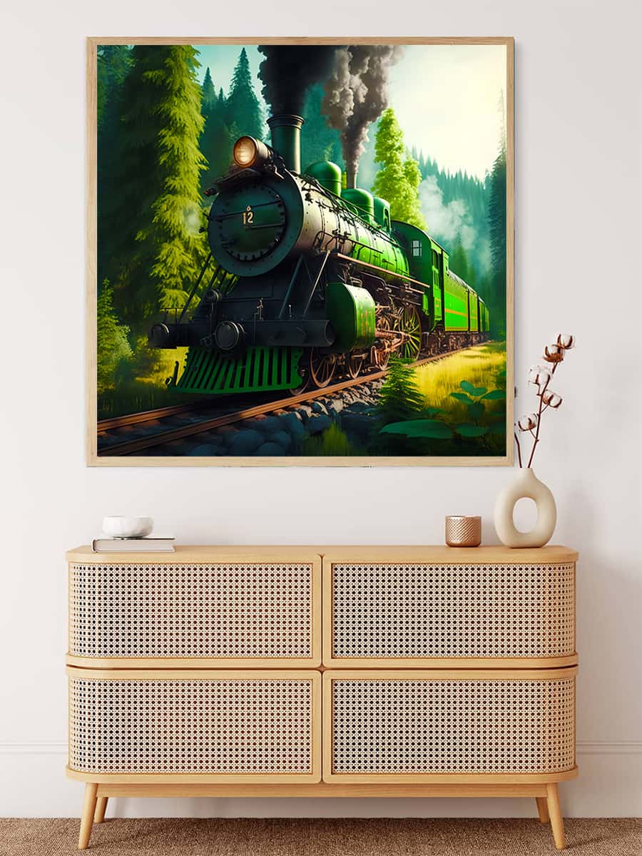 Diamond Painting - Green train in the forest wall art above rattan chest, Paint by Numbers kit with enhanced acrylic diamonds.