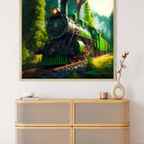 Diamond Painting - Green train in the forest wall art above rattan chest, Paint by Numbers kit with enhanced acrylic diamonds.