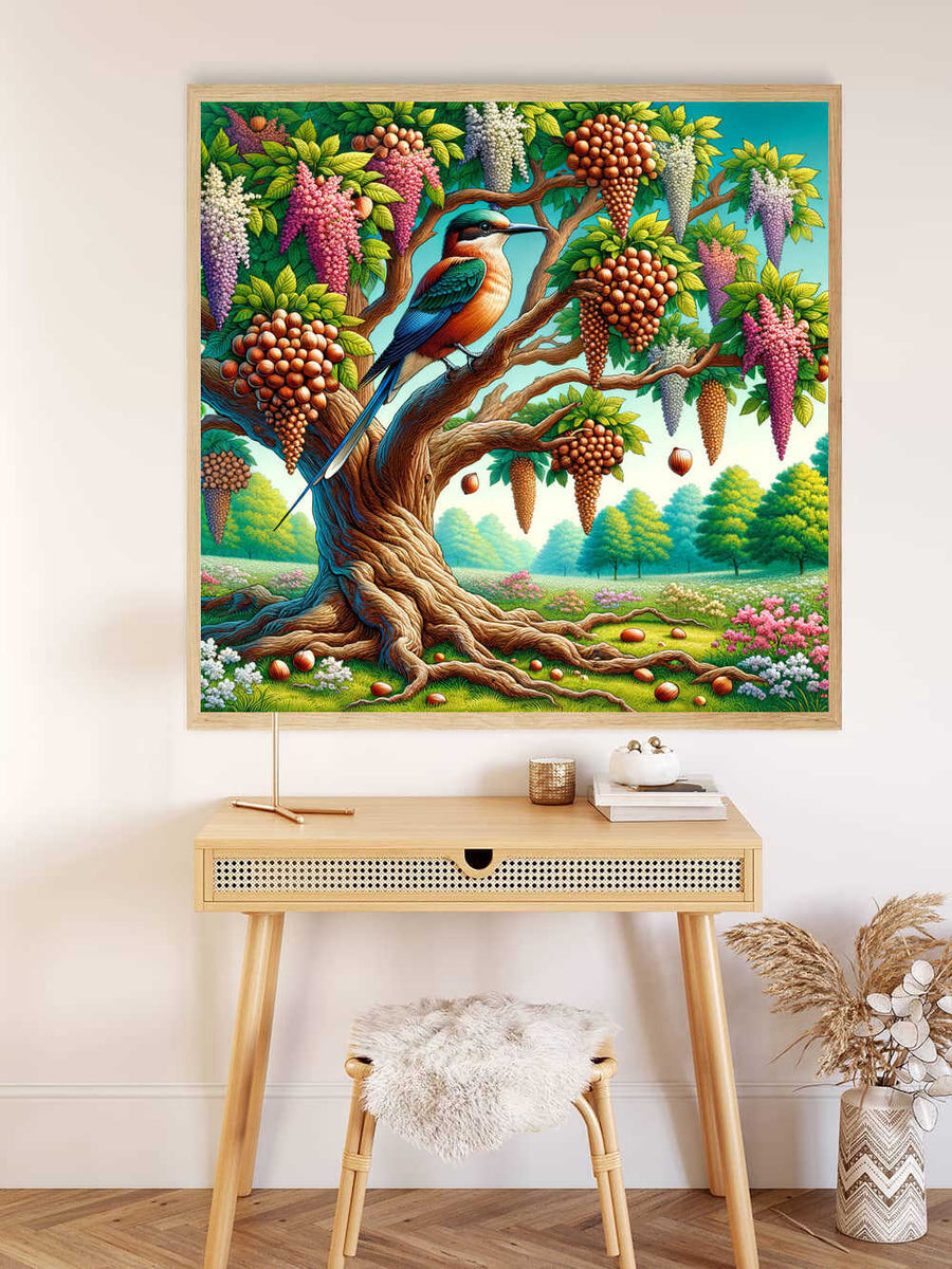 Paint by Numbers - Magic of Eternal Spring depicting a kingfisher on an ancient tree with lush greenery and exotic fruits.
