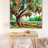 Paint by Numbers - Magic of Eternal Spring depicting a kingfisher on an ancient tree with lush greenery and exotic fruits.
