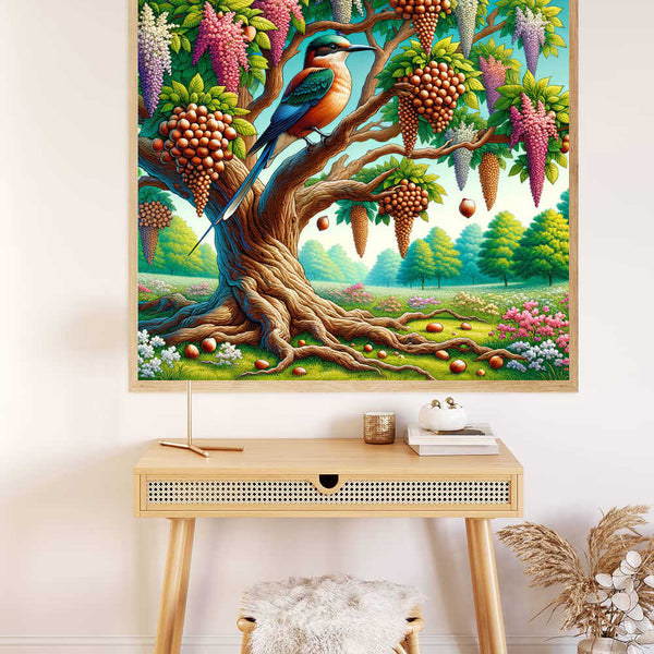 Paint by Numbers - Magic of Eternal Spring depicting a kingfisher on an ancient tree with lush greenery and exotic fruits.