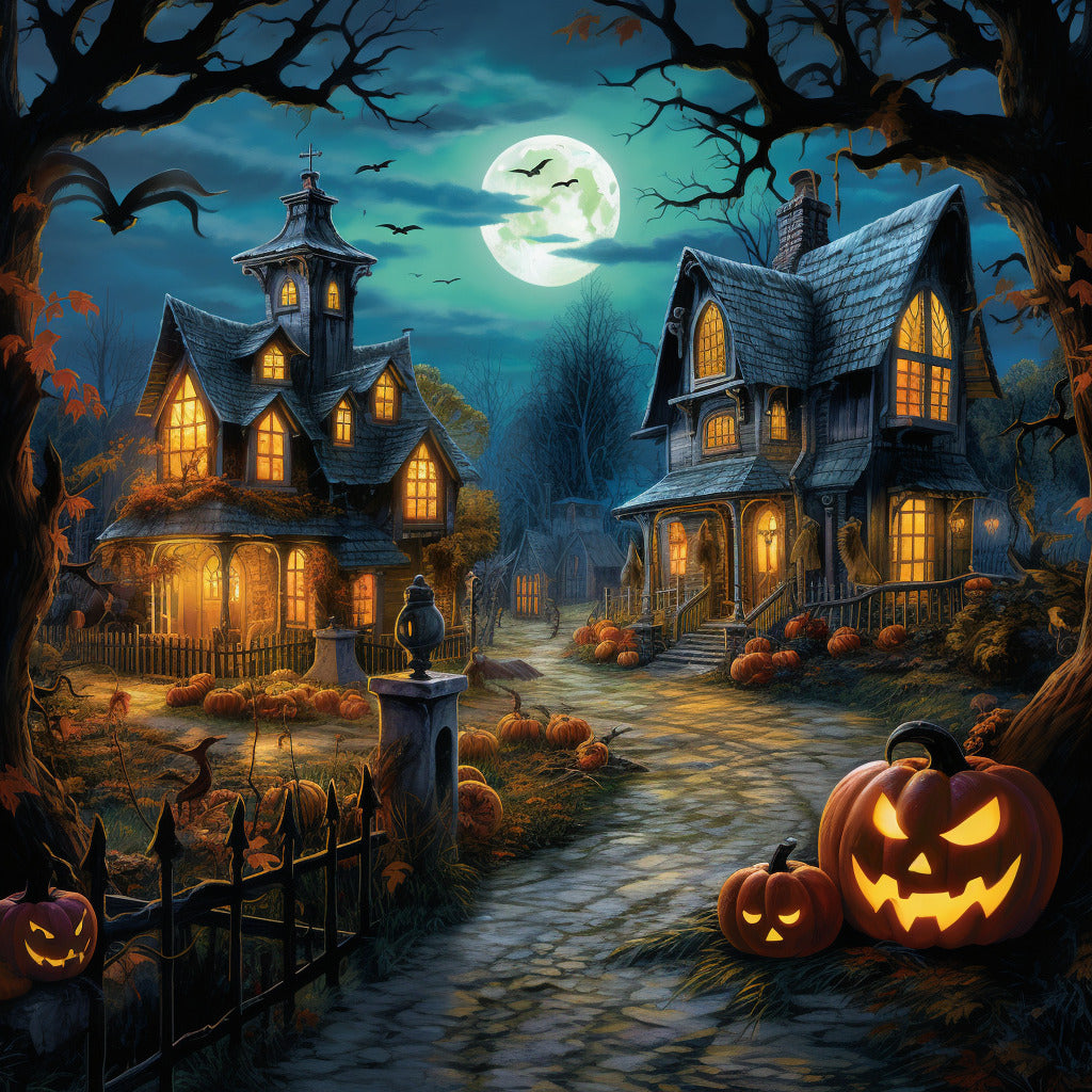 Painting by Numbers - Halloween Nights scene with haunted houses, glowing pumpkins, full moon, and dark trees.