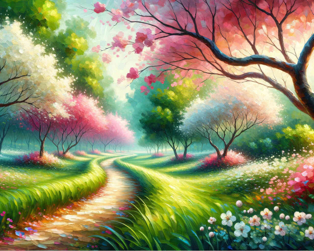 Path along flowering trees - Paint by Numbers