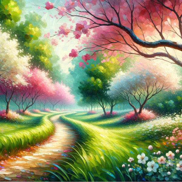 Path along flowering trees - Paint by Numbers