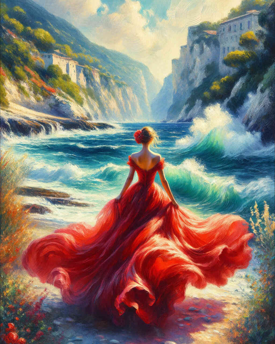 Woman in red dress, sea - Paint by Numbers