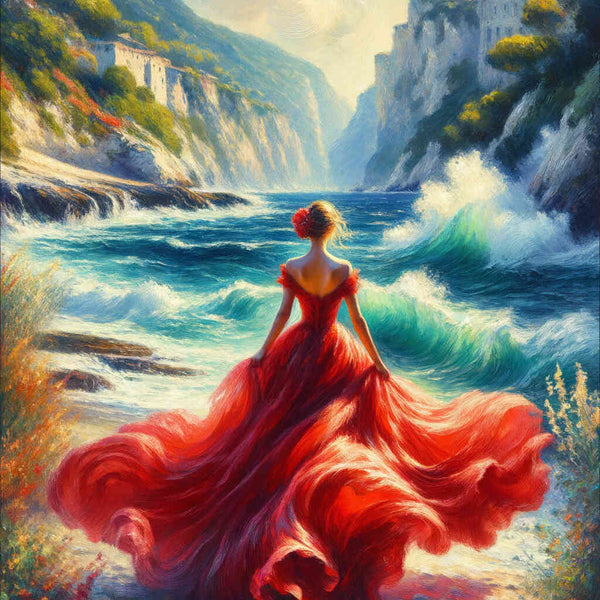 Woman in red dress, sea - Paint by Numbers