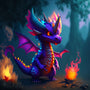 Vibrant digital art of a purple dragon with glowing eyes and wings, standing by a fire in a mystical forest.