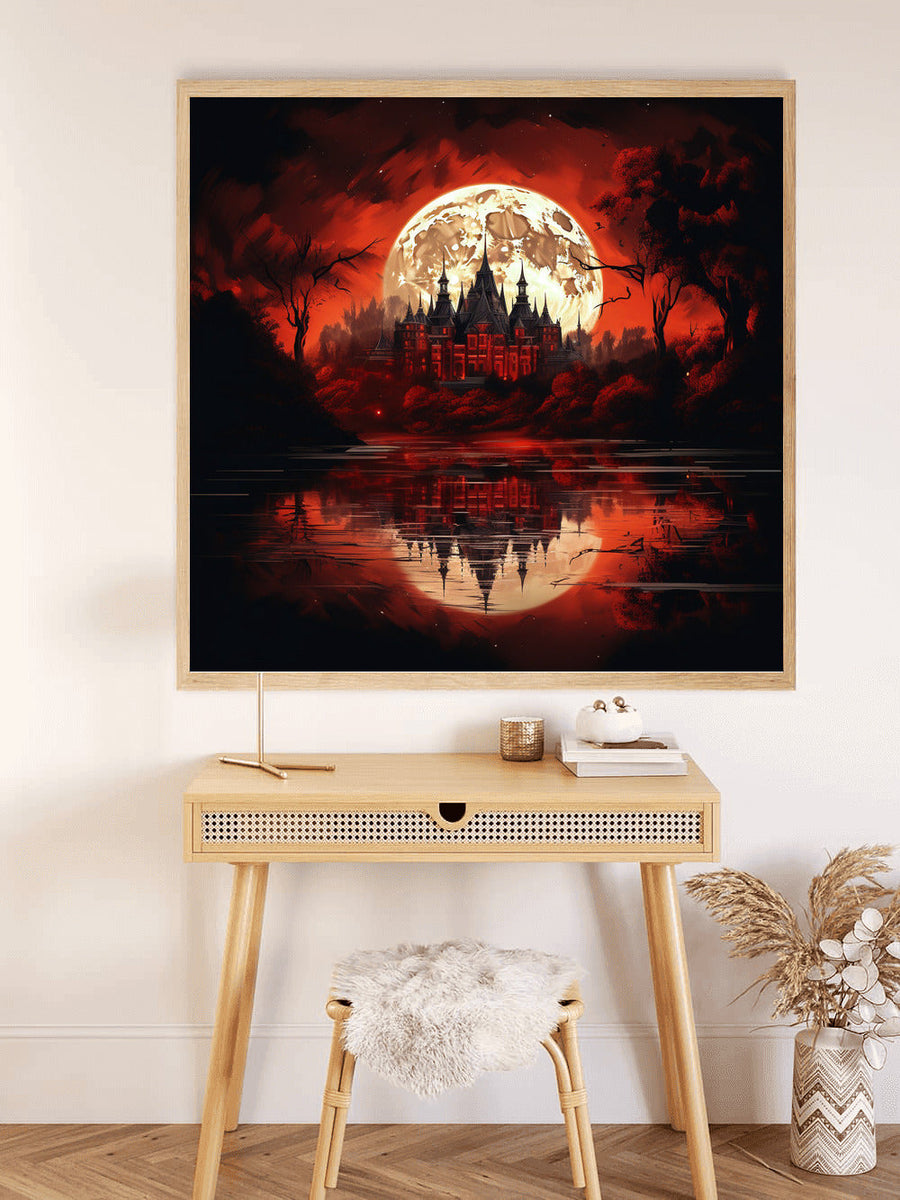 Paint by Numbers castle painting under a blood moon, reflecting in a serene lake, displayed above a desk in a cozy room.