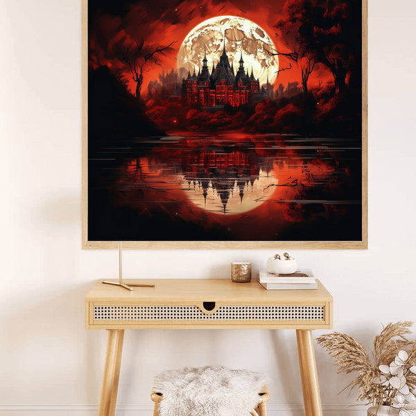 Paint by Numbers castle painting under a blood moon, reflecting in a serene lake, displayed above a desk in a cozy room.