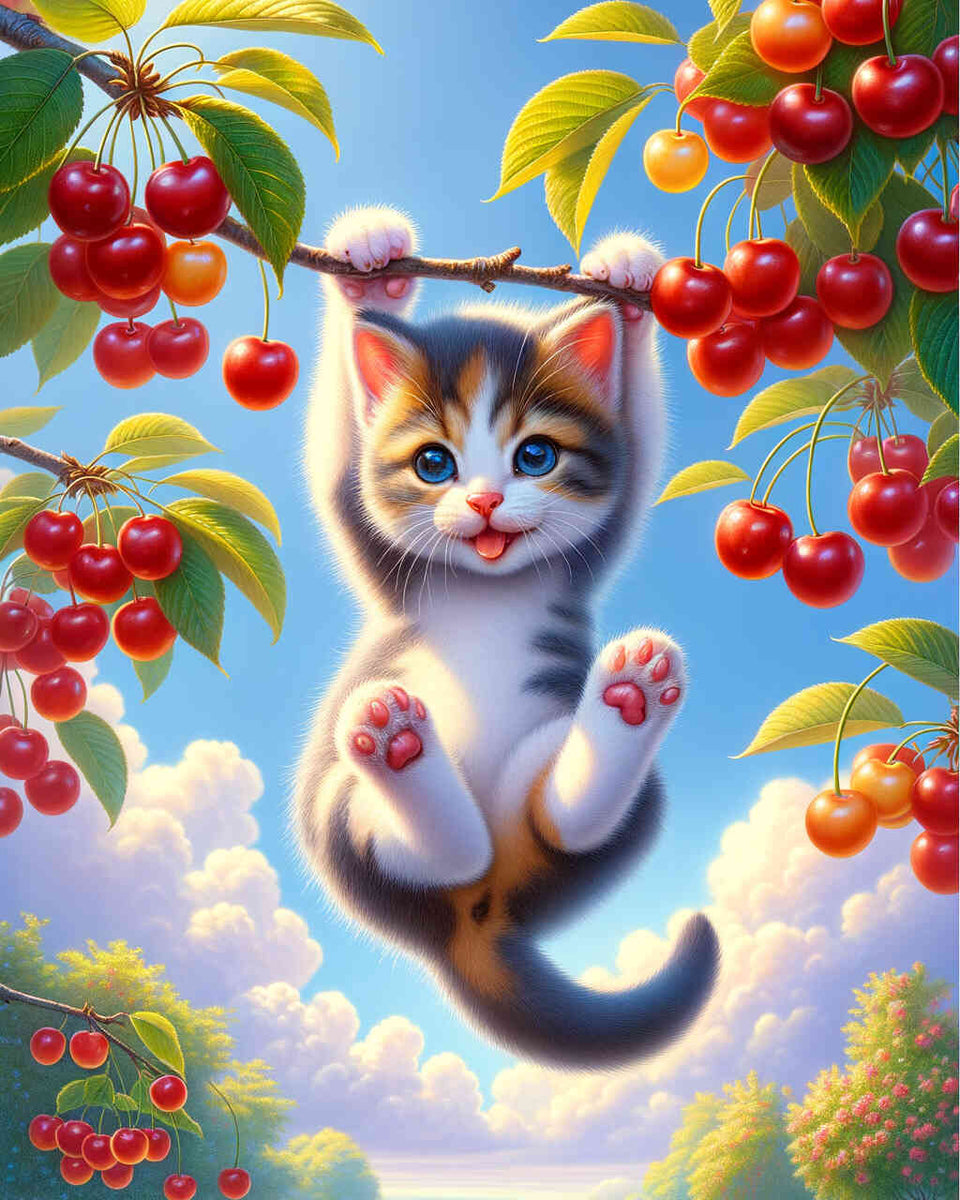 Cat on tree, cherries - Paint by Numbers